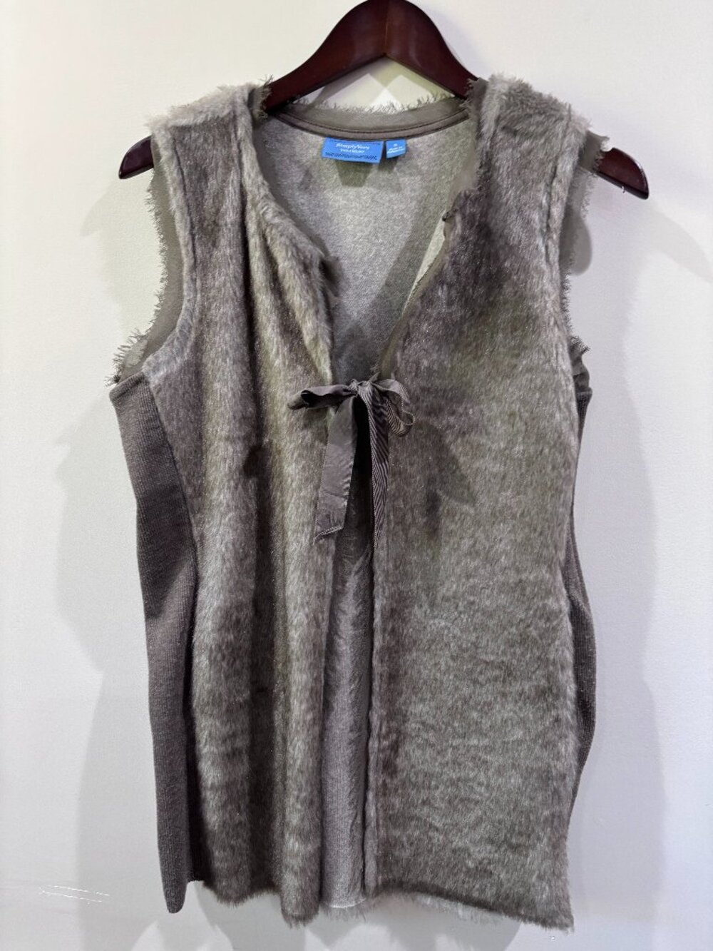 Simply Vera Vera Wang Faux Fur Tie-Front Vest Gray Knit Trim Small